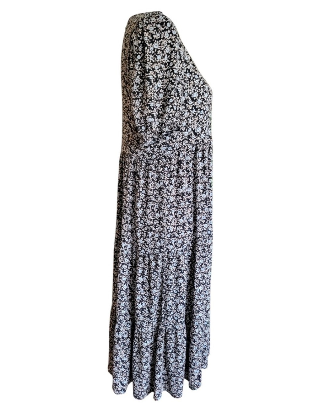 Aerie Garden Party Tiered Midi Dress - Black Floral Short Sleeve - Picture 5 of 11